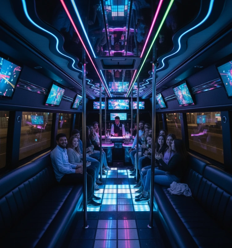 Luxurious-car service spacious-party-bus-rental-new-jersey-interior-with-colorful-lights-and-passengers Luxury party bus rentals with chauffeur Services