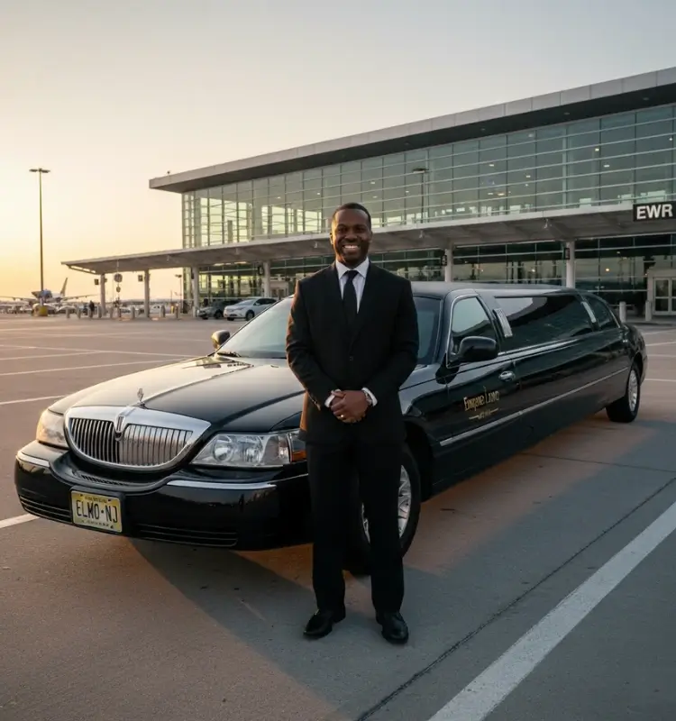 a-happy-chauffeur-stands-with-a-first-class-limo-nj-black-sedan-near-newark-airport.