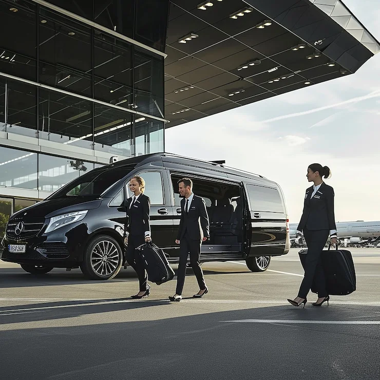business-travelers-with-empires-limo-luxury-van-for-their-airport-transfers