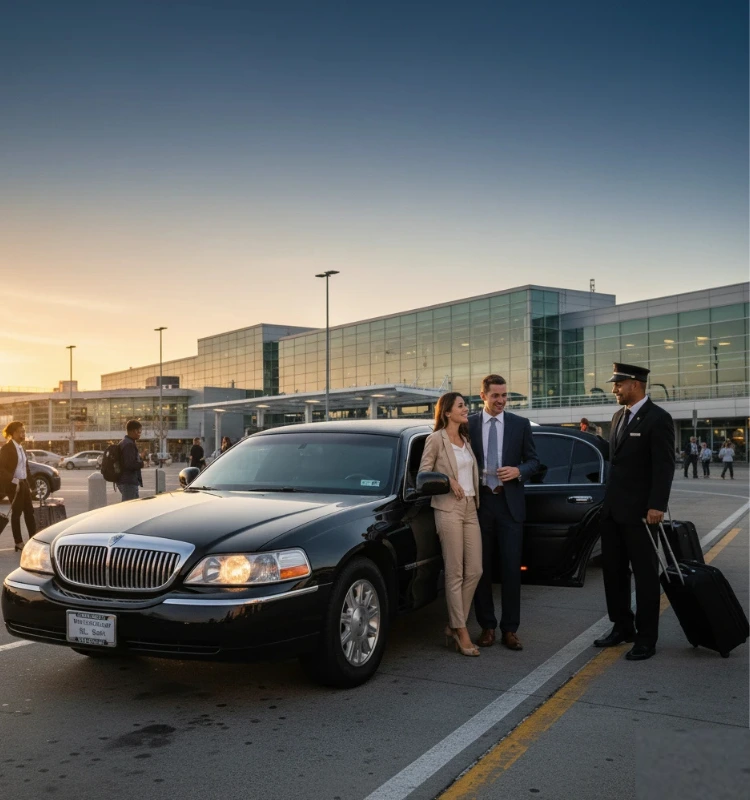 executive-couple-arriving-with-newark-airport-limo-service-nj Newark Airport Limo Service by Empires Limo