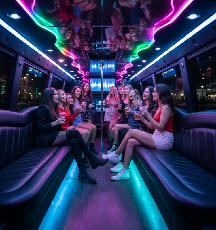 girls-enjoying-inside-luxurious-spacious-party-bus-rental-new-jersey-with-colorful-lights