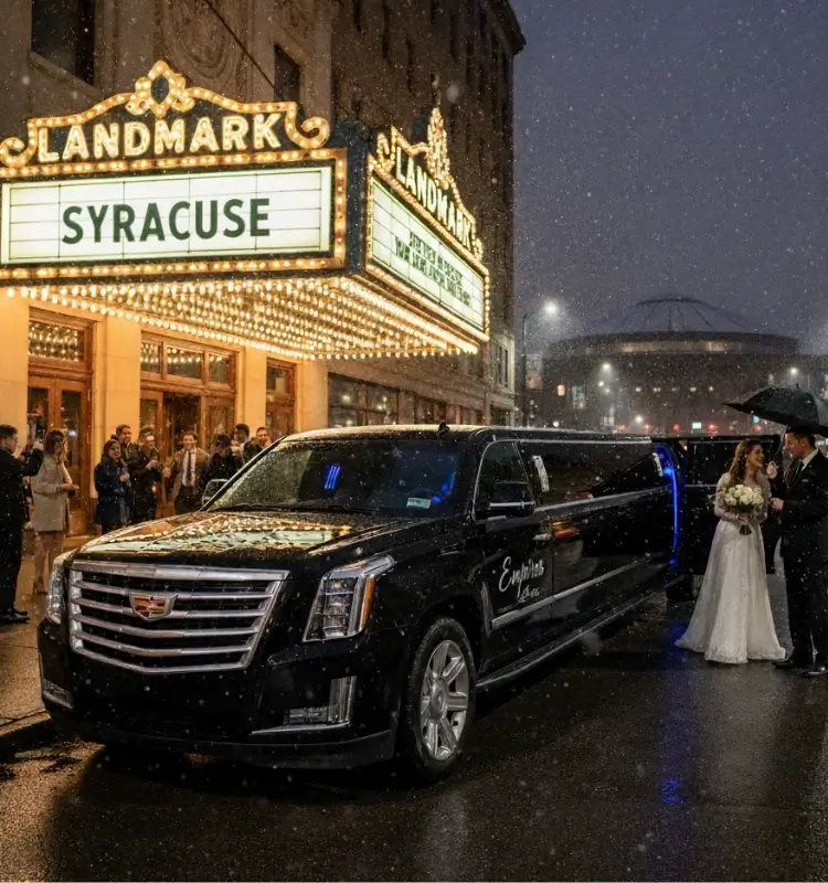 Couple-with-black-cadillac-limo-service-syracuse-ny-under-snow-fall-outside-landmark-theatre Premium limo service Syracuse NY by Empires Limo