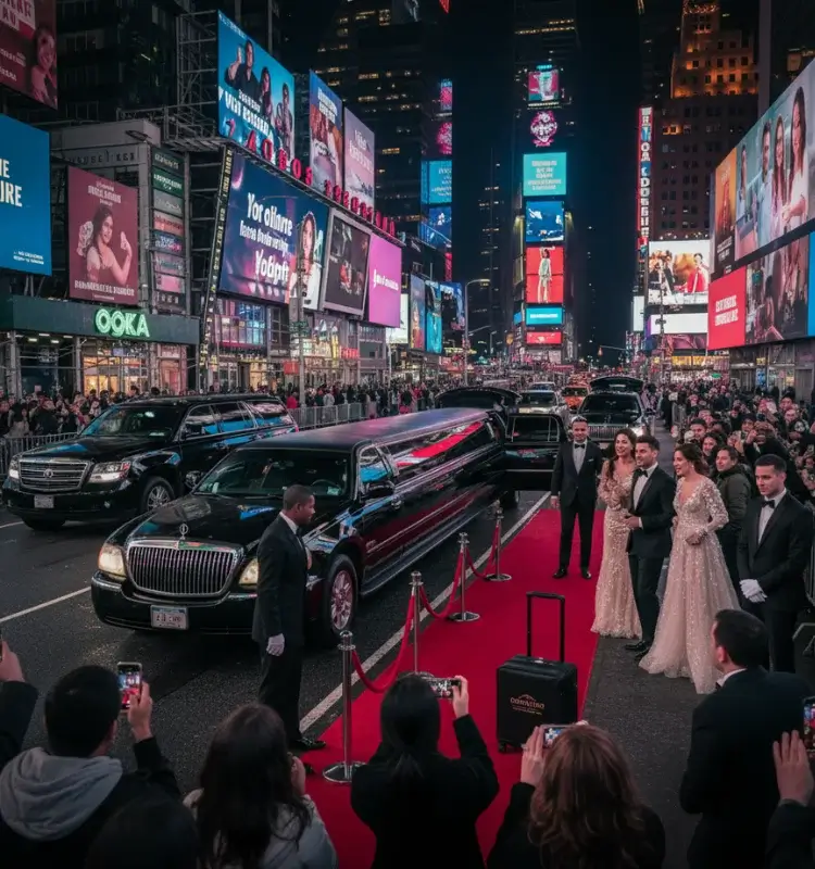black-luxury-limo-with-chauffeur-awaits-clients-coming-from-prom-night-from-a-crowded-area-in-new-york Luxury car service New York with chauffeur Service
