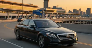 black-mercedes-sedan-limo-service-from-newark-airport-to-nyc-at-terminal-during-sunset