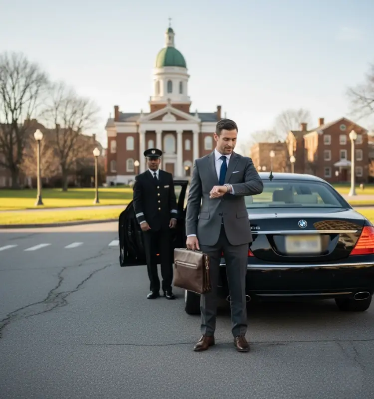 business-executive-with-chauffeur-at-historic-building-showcasing-Limo Service Morristown NJ