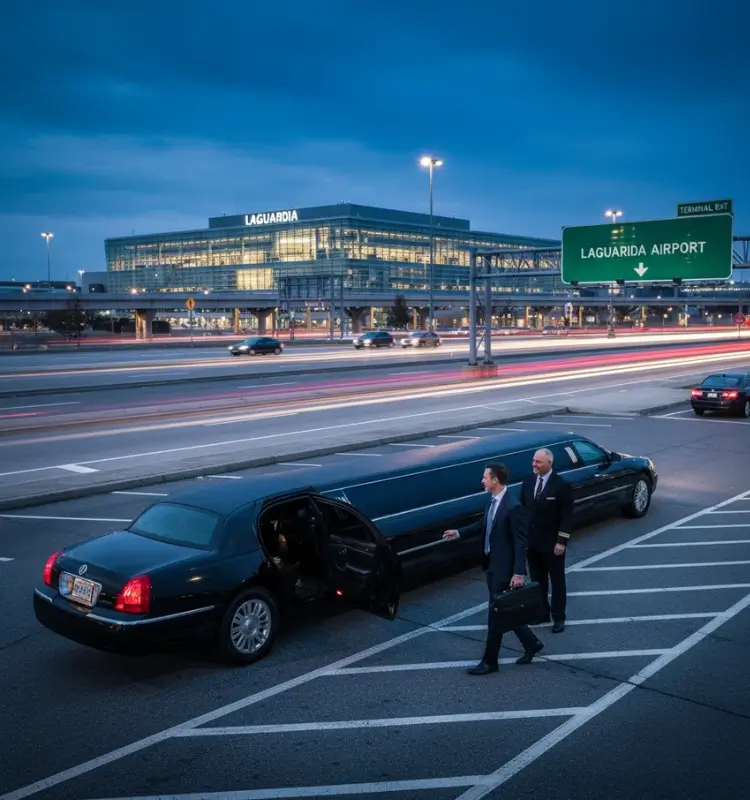 businessman-greeted-by-chauffeur-at-terminal-b-luxury-transfer-via- LaGuardia Airport Car Service