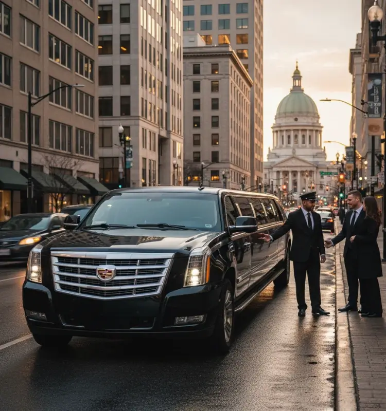 chauffeur-welcoming-busiess-persons-in-sleek-black-stretch-limo-service-syracuse-ny-parked-before-modern-city-skyline-at-sunset