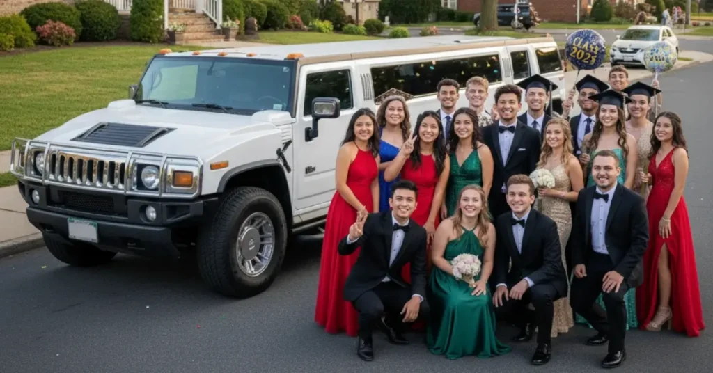 class-2025-prom-group-smiling-infront-of-white-hummer-limo-