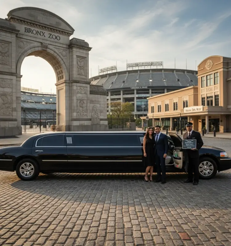 couple-with-chauffeur-and-limousine-service-bronx-new-york-city-outside-yankee-stadium-and-bronx-zoo Car Service Bronx NY