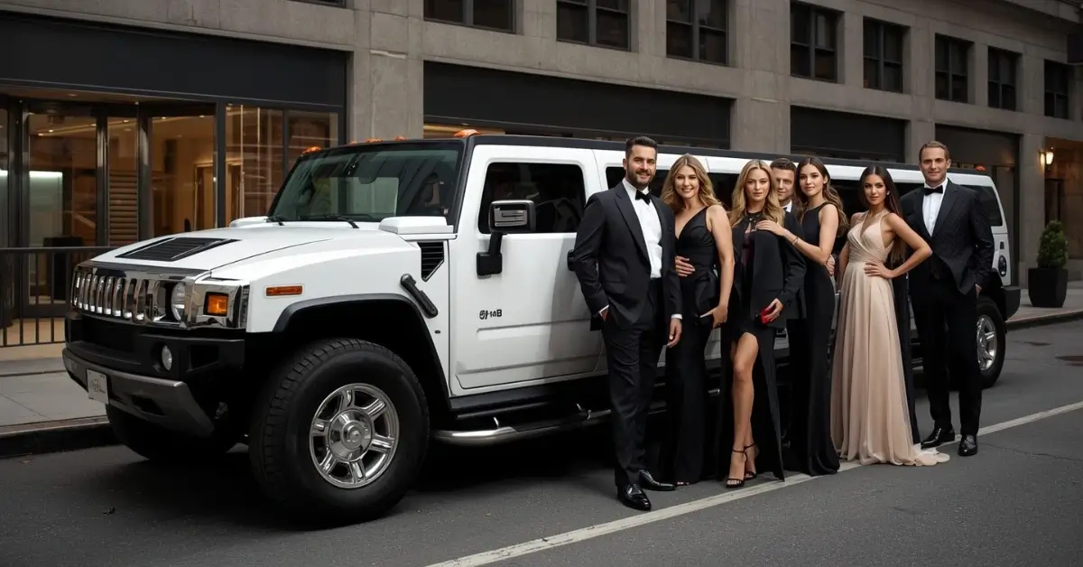 elegant-group-by-white-hummer-limo-displaying-cost-to-rent-a-hummer-limo-nyc