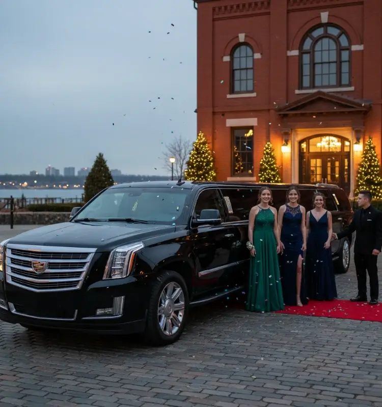girls-in-dresses-for-Prom-exiting-from-stretch-limousine-service-newburgh-ny-assistefd-by-chauffeur