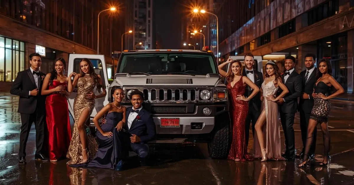 how-much-does-it-cost-to-rent-a-hummer-limo-in-new-jersey-for-prom-stylish-students-posing-by-white-limousine-under-city-lights