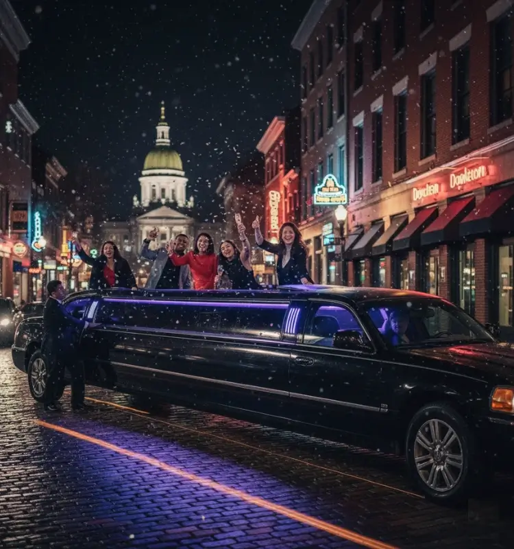 luxurious-black-stretch-limo-with-party-lights-and-girls-enoying-at-night-showcasing-limo-morristown-nj