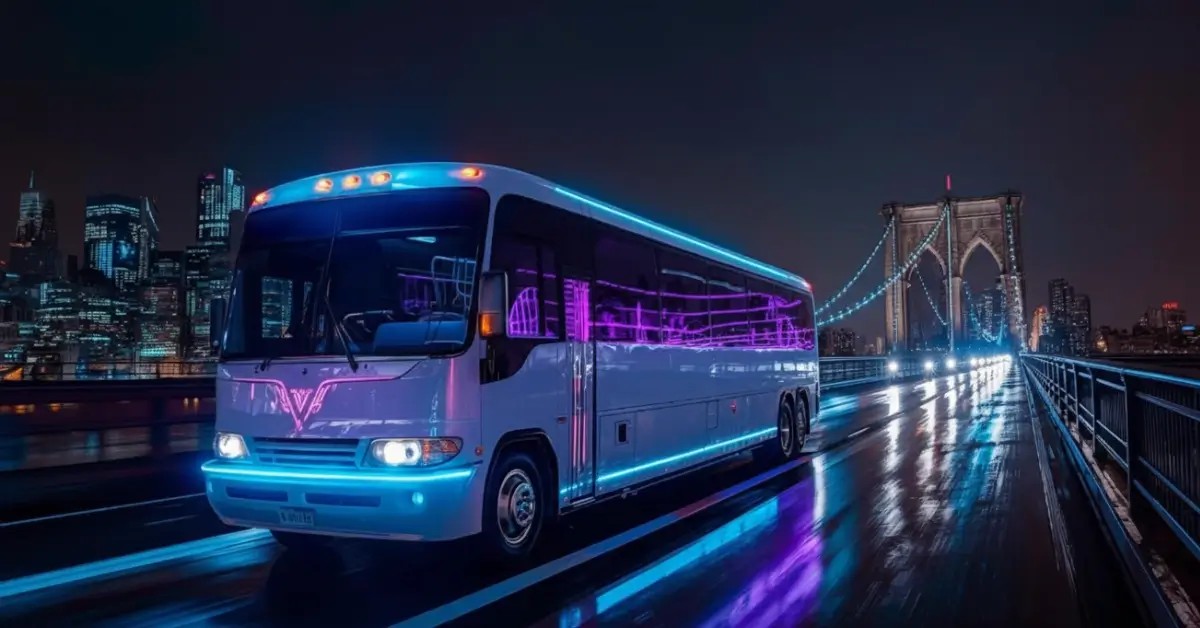 sleek-modern-party-bus-glowing-neon-lights--displaying-how-much-for-a-party-bus-nyc--near-brooklyn-bridge-night