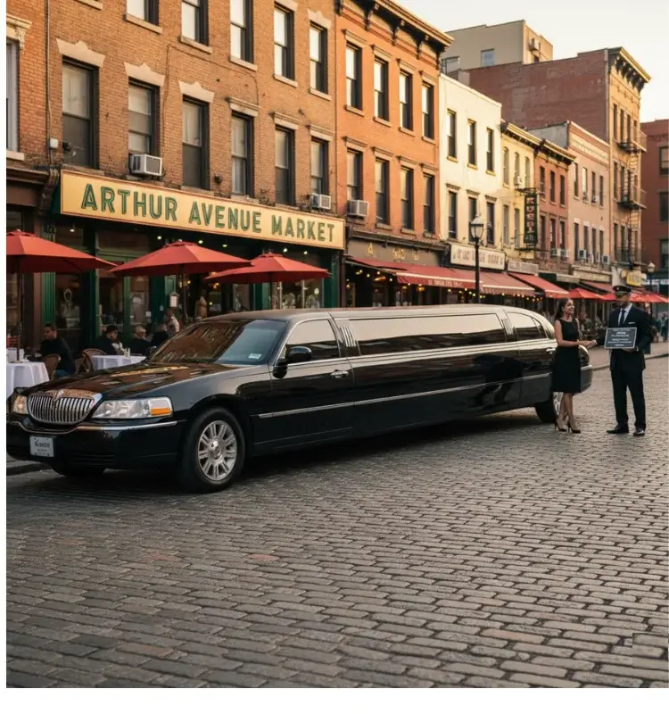 woman-and-chauffeur-for-luxury-limousine-service-bronx-new-york-city-at-arthur-avenue-market