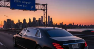A-luxury-transport-on-road-with-sign-describing-ewr-airport-how-far-from-new-york